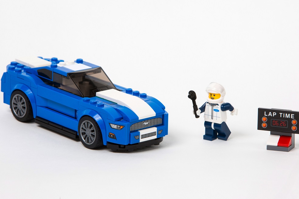 The 185-piece LEGO Mustang set includes a time board and race driver and will be available for purchase on March 1.